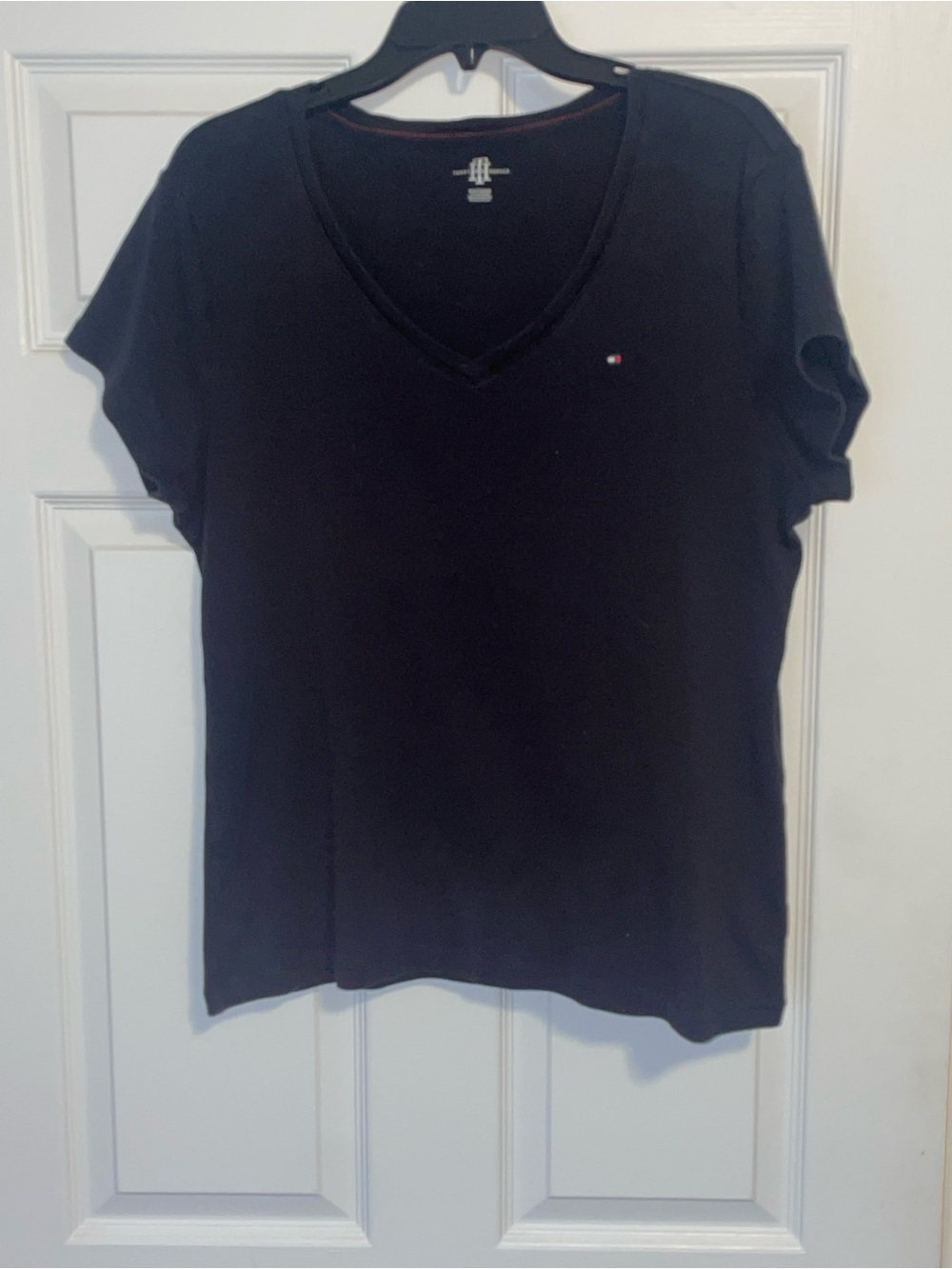 Tommy Hilfiger Black V-Neck Short Sleeve Tee with Small Flag Embroidery
